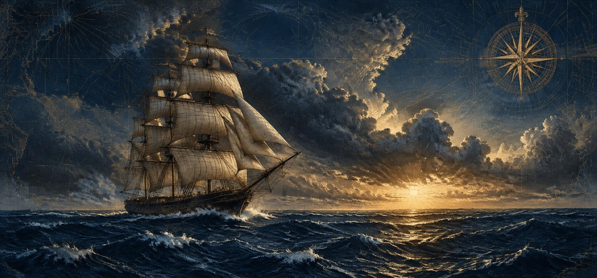 A tall ship under full sail on a dark sea at dawn